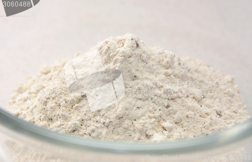 Image of Close-up of bread flour mix in a glass bowl