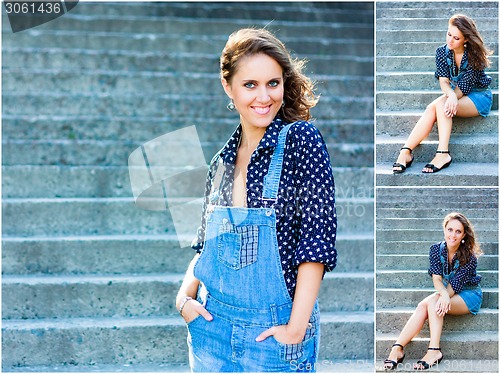 Image of Beautiful Girl Dressed In Blue Overalls. Outside Portrait Of Pre
