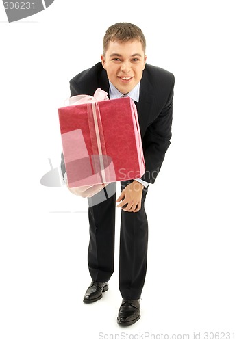 Image of happy businessman with pink gift package