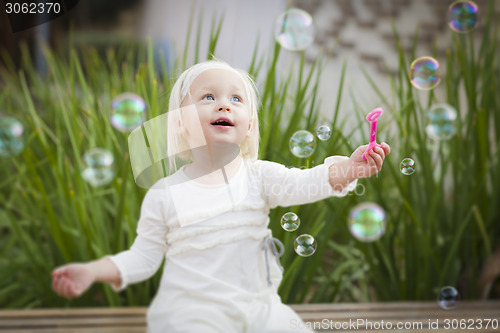 Image of Adorable Little Girl Having Fun With Bubbles