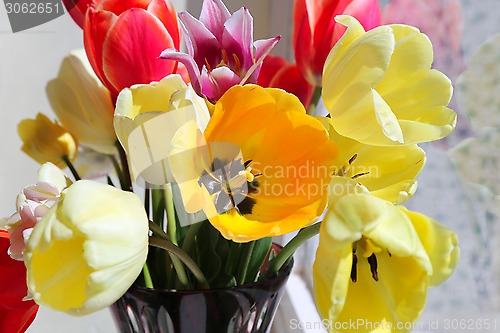 Image of Bouquet of colorful spring tulips