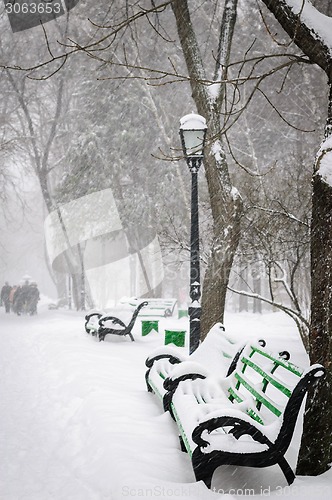 Image of Snow covered benches in winter park