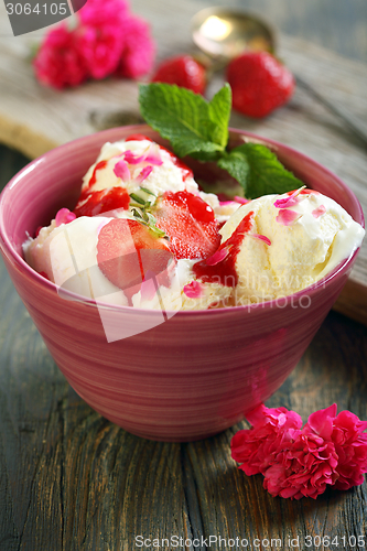 Image of Ice cream with strawberries and mint.