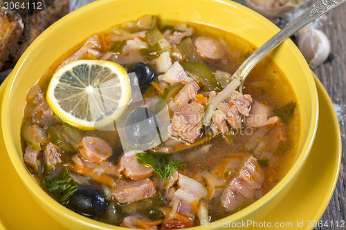 Image of Meat soup in a bowl close up.