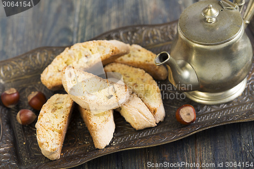 Image of Coffee pot and  italian cookies.