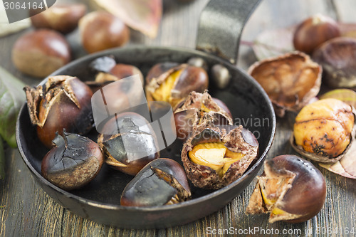 Image of Roasted chestnuts closeup in a frying pan.