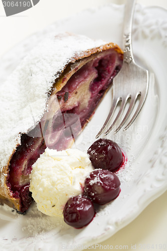 Image of Cherry strudel and ice cream.