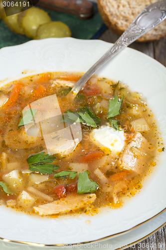 Image of Rassolnik with meat and barley.