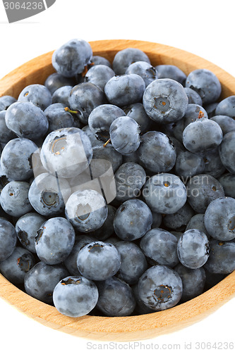 Image of Blueberries in a wooden bowl closeup.