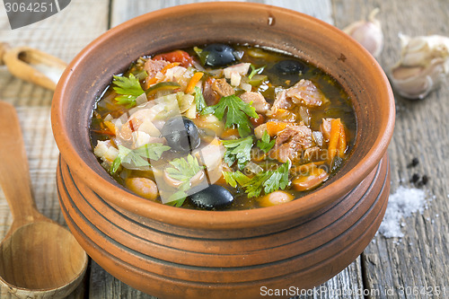 Image of Traditional Russian meat soup closeup.