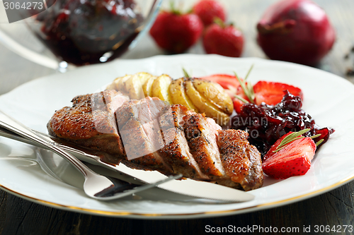Image of Duck breast with onion confit and potatoes.