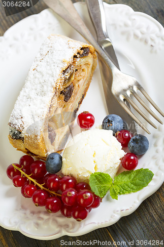 Image of Plate with apple strudel.