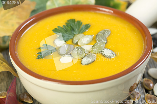 Image of French pumpkin soup close up.