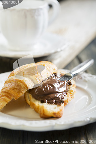 Image of Croissant with chocolate for breakfast. 