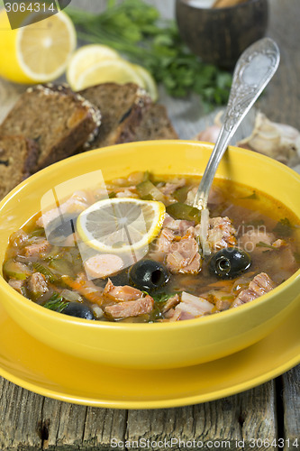 Image of Meat soup. The traditional Russian soup - solyanka.
