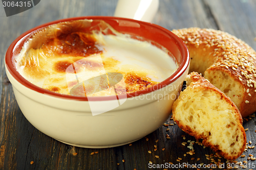 Image of Homemade fermented baked milk and bagel.