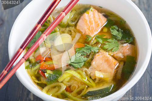 Image of Miso soup with salmon and leek.