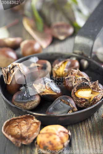 Image of Frying pan with roasted chestnuts.