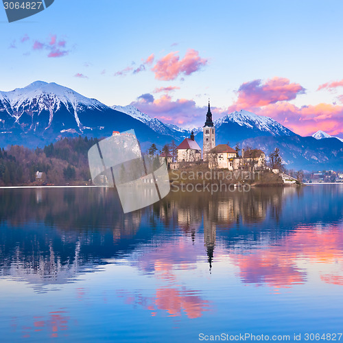 Image of Bled in sunset, Slovenia, Europe.