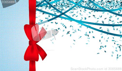 Image of blue cardboard with bow and confetti