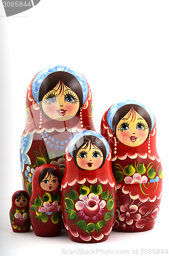 Image of five traditional Russian matryoshka dolls 