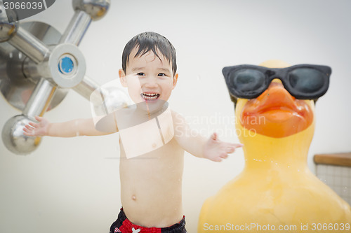 Image of Mixed Race Boy Having Fun at the Water Park