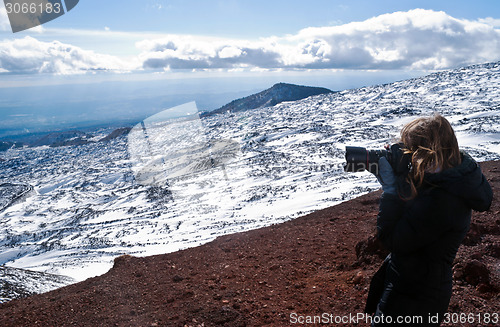 Image of girl focus on snow mountain landscapes