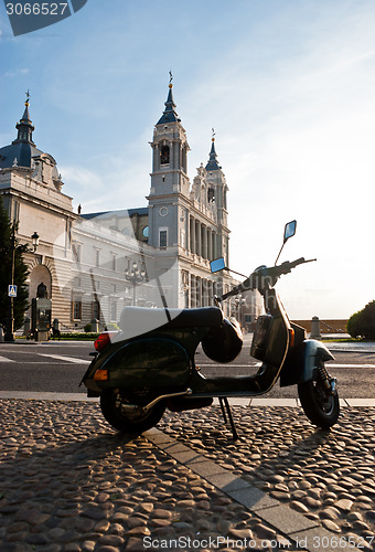 Image of Italian scooter in Santa Maria la Real de La Almudena cathedral
