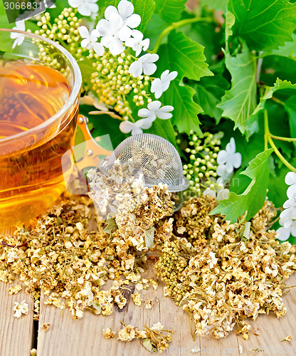 Image of Tea from flowers of viburnum in strainer on wooden board