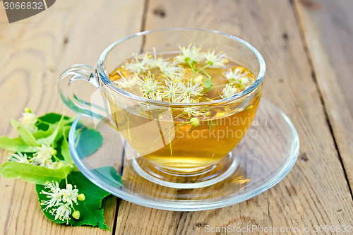 Image of Herbal tea of linden flowers in glass cup on board