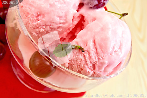 Image of Ice cream cherry with berries on red napkin