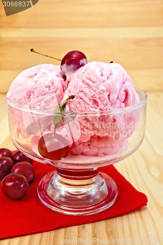 Image of Ice cream cherry on red napkin and board