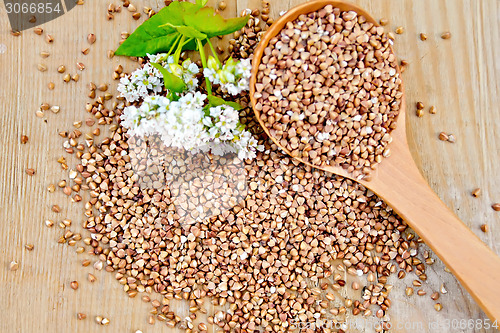 Image of Buckwheat on board with flower and spoon