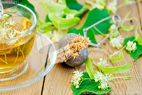 Image of Herbal tea of linden flowers in strainer with cup
