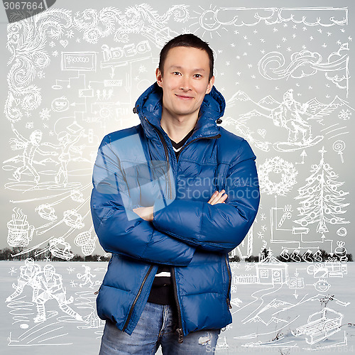 Image of Asian Man in Down Padded Coat 