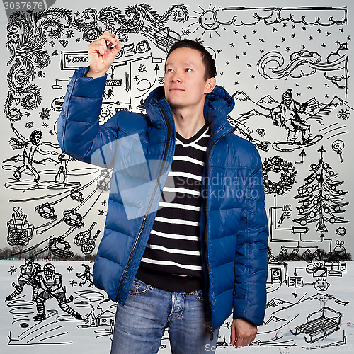 Image of Asian Man in Down Padded Coat 