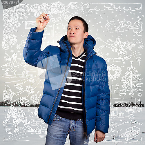 Image of Asian Man in Down Padded Coat 