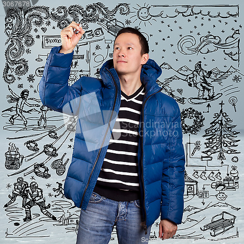 Image of Asian Man in Down Padded Coat 