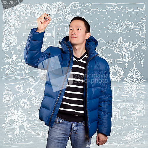 Image of Asian Man in Down Padded Coat 