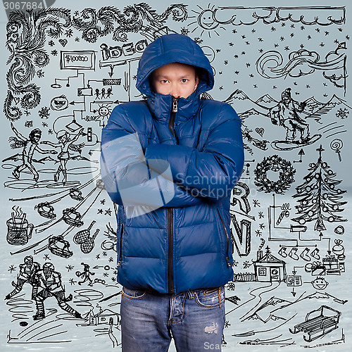 Image of Asian Man in Down Padded Coat 