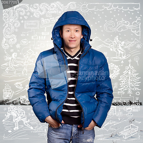 Image of Asian Man in Down Padded Coat 