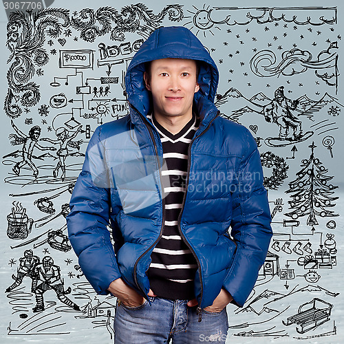 Image of Asian Man in Down Padded Coat 