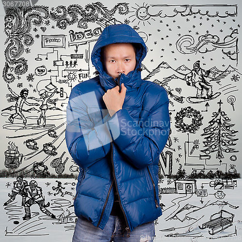 Image of Asian Man in Down Padded Coat 