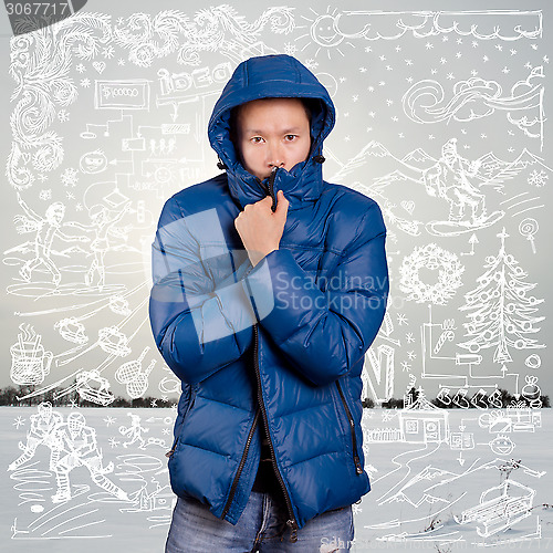 Image of Asian Man in Down Padded Coat 