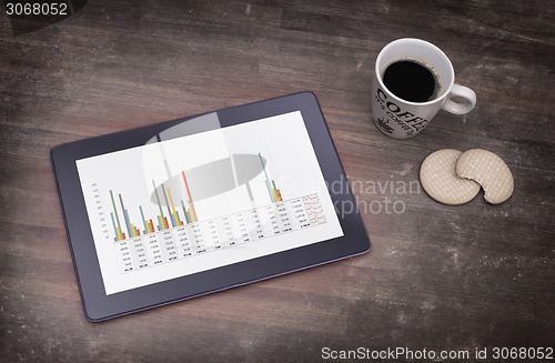 Image of Tablet touch computer gadget on wooden table, graph