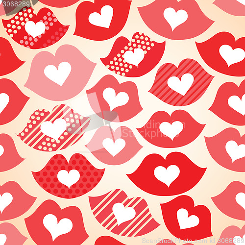 Image of Seamless festive background with lips and hearts