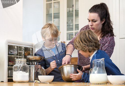 Image of Family Mixing Cupcake Batter In Kitchen