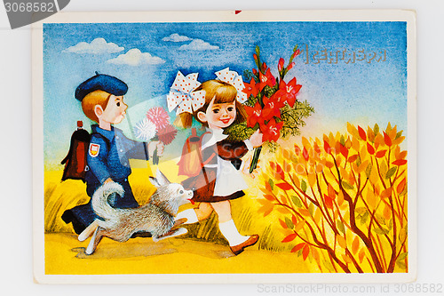 Image of Reproduction of antique postcard shows Soviet children - a boy a