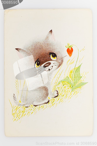 Image of Reproduction of antique postcard shows gray kitten standing near
