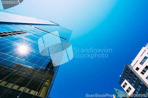 Image of Blue Skyscrapers Background. Modern Architecture In Estonian Cap